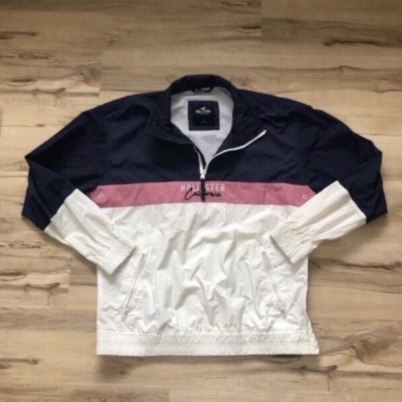 Lightweight Hollister Blue, Pink, & White Biker Quarter Zip Jacket Anorak - Picture 1 of 9